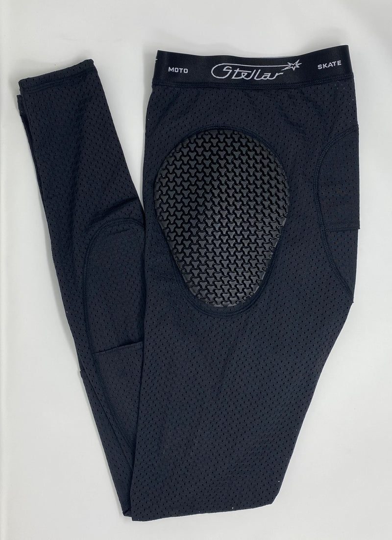 Black mesh riding pants with knee and hip armor pads on a white background