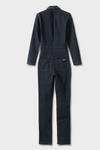Dark blue motorcycle coverall on a light gray background