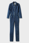 Blue denim jumpsuit on a light gray background