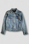 Blue denim jacket on a light gray background