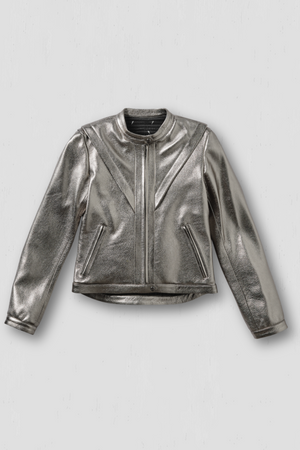 Silver metallic jacket on a light gray background