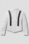 White jacket with black accents on a light gray background