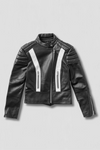 Black leather jacket with white zipper accents on a light gray background