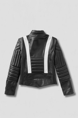 Black leather jacket with white accents on a light gray background