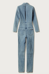 Blue Dynnema denim motorcycle jumpsuit on a white background