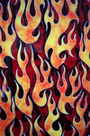 Close-up of a person's arm wearing a short-sleeved camp shirt with a pattern of burning burgundy, maroon, red, orange, and yellow flames.